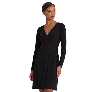 145$ Lauren Ralph Lauren Jersey A-Line Cocktail Dress Long Sleeves Size 16 Black